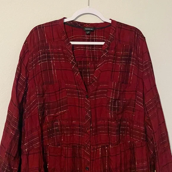 Womens High-low Burgundy Plaid Button-Front Peplum Shirt - Picture 5 of 11